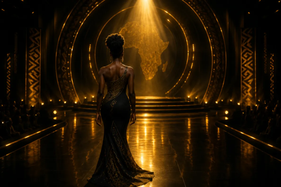 A performer approaching a gold-lit stage with an African map behind it